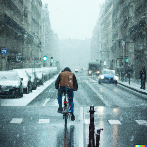 cycliste sous la neige en ville
